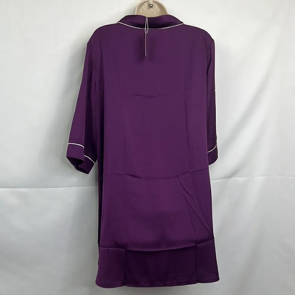 EKouaer Purple with white piping satin night shirt gown NWT size small